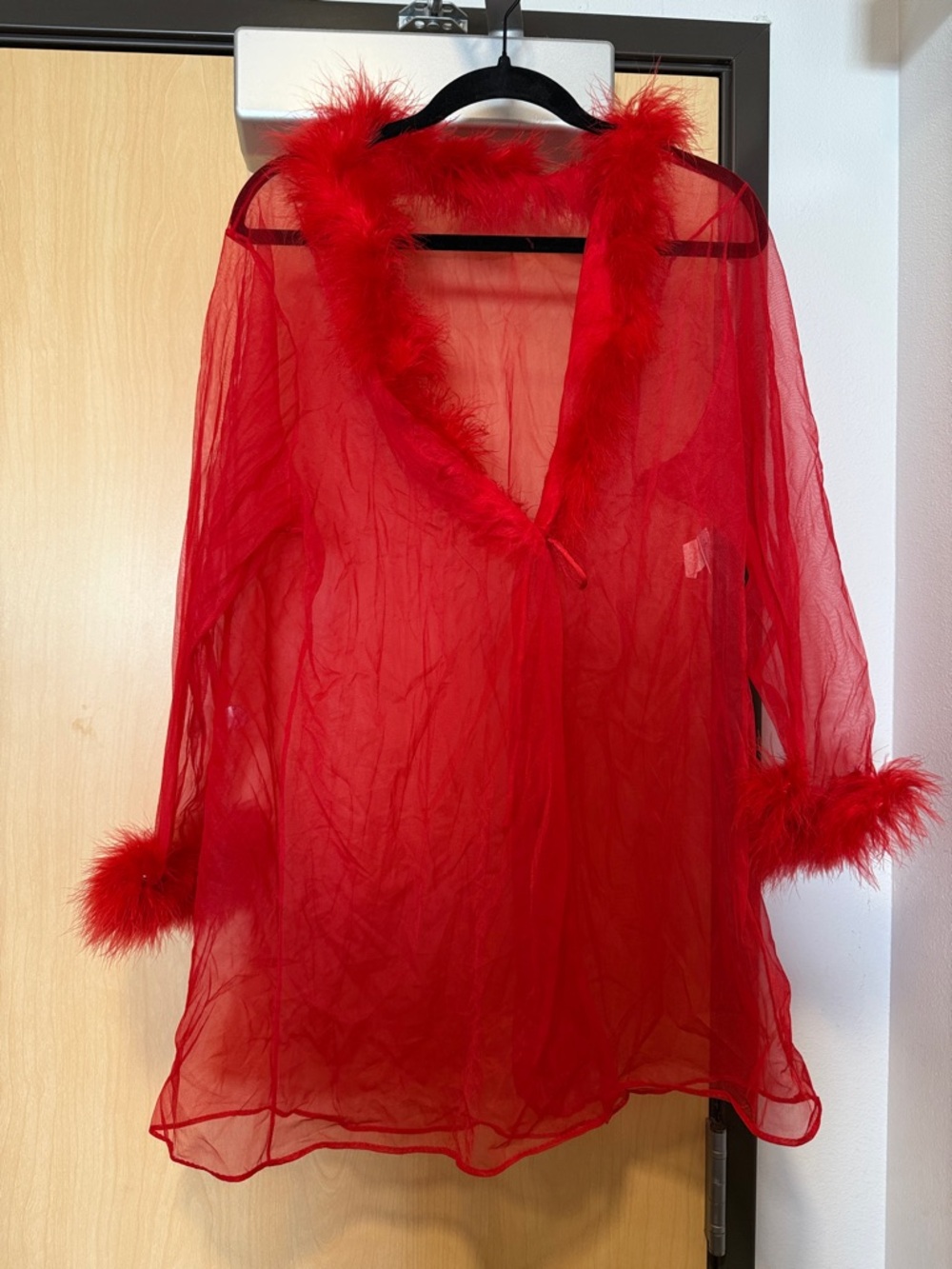 Vintage Red Sheer Feather Trim Robe